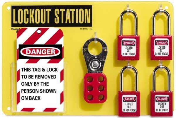 NMC - Equipped Acrylic Tag and Padlock / Hasp Station - 12 Inch Wide x 8 Inch High, Black on Yellow - Apex Tool & Supply