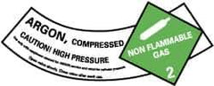 NMC - Hazardous Materials Label - Legend: Argon - Compressed - Caution! - High Pressure - Non Flammable - Gas 2, English, Green, Black & White, 5-1/4" Long x 2" High, Sign Muscle Finish - Apex Tool & Supply
