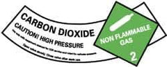 NMC - Hazardous Materials Label - Legend: Carbon Dioxide - Caution! - High Pressure - Non Flammable - Gas 2, English, Green, Black & White, 5-1/4" Long x 2" High, Sign Muscle Finish - Apex Tool & Supply