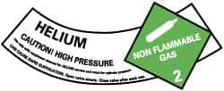 NMC - Hazardous Materials Label - Legend: Helium - Caution! High Pressure - Non Flammable Gas - 2, English, Green, Black & White, 5-1/4" Long x 2" High, Sign Muscle Finish - Apex Tool & Supply