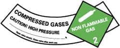 NMC - Hazardous Materials Label - Legend: Compressed Gases - Caution! - High Pressure - Non Flammable - Gas 2, English, Green, Black & White, 5-1/4" Long x 2" High, Sign Muscle Finish - Apex Tool & Supply