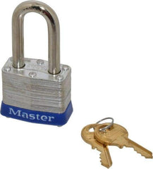 Master Lock - Keyed Different Retaining Key Conductive Lockout Padlock - 1-1/2" Shackle Clearance, 9/32" Shackle Diam, 1-1/4" Body Height x 1-9/16" Body Width, Blue, 4 Pins - Apex Tool & Supply