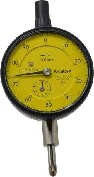 Mitutoyo - 10mm Range, 0-100 Dial Reading, 0.01mm Graduation Dial Drop Indicator - 2-3/16" Dial, 1mm Range per Revolution, 0.013mm Accuracy, Revolution Counter - Apex Tool & Supply