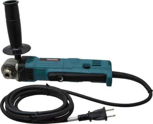 Makita - 3/8" Keyed Chuck, 2,400 RPM, Angled Handle Electric Drill - 4 Amps, 115 Volts, Reversible, Includes Chuck Key, Drill Chuck, Key Holder, Side Handle - Apex Tool & Supply