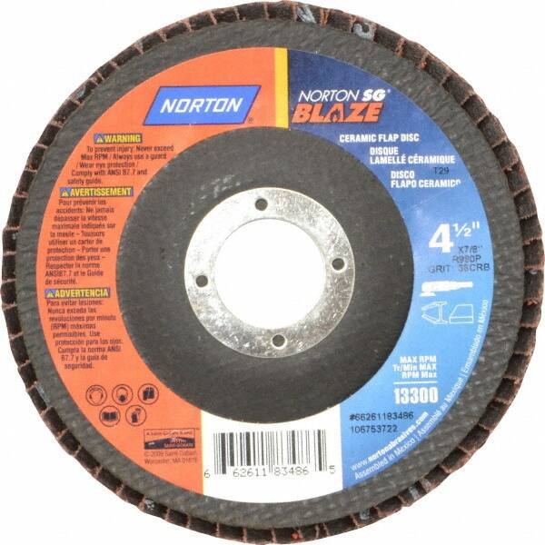 Norton - 36 Grit, 4-1/2" Disc Diam, 7/8" Center Hole, Type 29 Ceramic Flap Disc - 13,000 Max RPM, Fiberglass Backing, Arbor Attaching System, Coated - Apex Tool & Supply
