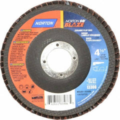 Norton - 36 Grit, 4-1/2" Disc Diam, 7/8" Center Hole, Type 29 Ceramic Flap Disc - 13,000 Max RPM, Fiberglass Backing, Arbor Attaching System, Coated - Apex Tool & Supply