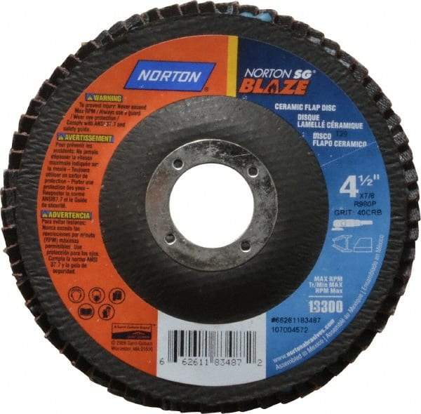 Norton - 40 Grit, 4-1/2" Disc Diam, 7/8" Center Hole, Type 29 Ceramic Flap Disc - 13,000 Max RPM, Fiberglass Backing, Arbor Attaching System, Coated - Apex Tool & Supply