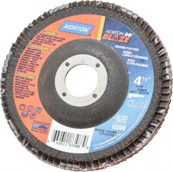 Norton - 60 Grit, 4-1/2" Disc Diam, 7/8" Center Hole, Type 29 Ceramic Flap Disc - 13,000 Max RPM, Fiberglass Backing, Arbor Attaching System, Coated - Apex Tool & Supply