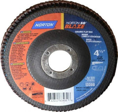 Norton - 80 Grit, 4-1/2" Disc Diam, 7/8" Center Hole, Type 29 Ceramic Flap Disc - 13,000 Max RPM, Fiberglass Backing, Arbor Attaching System, Coated - Apex Tool & Supply