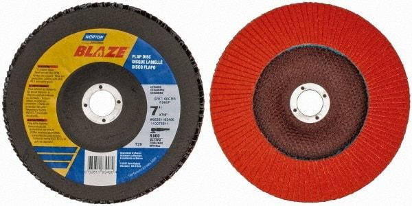 Norton - 60 Grit, 7" Disc Diam, 7/8" Center Hole, Type 29 Ceramic Flap Disc - 8,500 Max RPM, Fiberglass Backing, Arbor Attaching System, Coated - Apex Tool & Supply