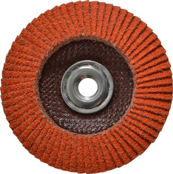 Norton - 40 Grit, 4-1/2" Disc Diam, 5/8-11 Center Hole, Type 29 Ceramic Flap Disc - 13,000 Max RPM, Fiberglass Backing, Arbor Attaching System, Coated - Apex Tool & Supply