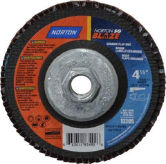 Norton - 60 Grit, 4-1/2" Disc Diam, 5/8-11 Center Hole, Type 29 Ceramic Flap Disc - 13,000 Max RPM, Fiberglass Backing, Arbor Attaching System, Coated - Apex Tool & Supply