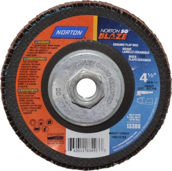 Norton - 80 Grit, 4-1/2" Disc Diam, 5/8-11 Center Hole, Type 29 Ceramic Flap Disc - 13,000 Max RPM, Fiberglass Backing, Arbor Attaching System, Coated - Apex Tool & Supply