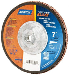 Norton - 60 Grit, 7" Disc Diam, 5/8-11 Center Hole, Type 29 Ceramic Flap Disc - 8,500 Max RPM, Fiberglass Backing, Arbor Attaching System, Coated - Apex Tool & Supply