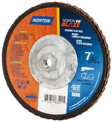 Norton - 80 Grit, 7" Disc Diam, 5/8-11 Center Hole, Type 29 Ceramic Flap Disc - 8,500 Max RPM, Fiberglass Backing, Arbor Attaching System, Coated - Apex Tool & Supply