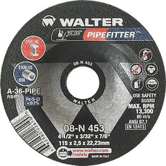 WALTER Surface Technologies - 36 Grit, 4-1/2" Wheel Diam, 3/32" Wheel Thickness, 7/8" Arbor Hole, Type 27 Depressed Center Wheel - Aluminum Oxide/Silicon Carbide Blend, Resinoid Bond, 13,300 Max RPM - Apex Tool & Supply