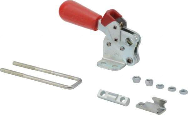 De-Sta-Co - 495 Lb Capacity, Vertical, J Hook, Flanged Base, Carbon Steel Pull Action Latch Clamp - 1.53" Drawing Movement, 3.47" OAL, Threaded U Hook, Straight Handle - Apex Tool & Supply