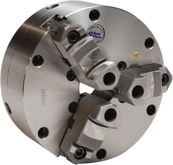 Buck Chuck Company - 3 Jaws, 6" Diam, Self Centering Manual Lathe Chuck - Plain Back Mount Spindle, Adjustable, Reversible, 3,000 Max RPM, 1-11/16" Through Hole Diam, Cast Iron - Apex Tool & Supply