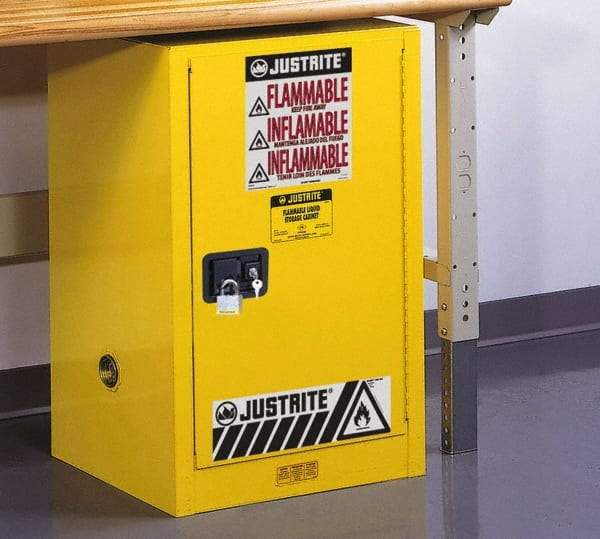 Justrite - 1 Door, 1 Shelf, Yellow Steel Space Saver Safety Cabinet for Flammable and Combustible Liquids - 35" High x 23-1/4" Wide x 18" Deep, Self Closing Door, 12 Gal Capacity - Apex Tool & Supply