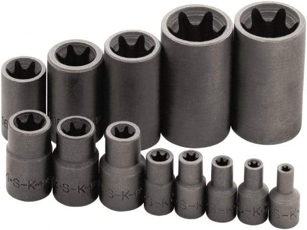 SK - 13 Piece 1/4, 3/8 & 1/2" Drive Standard Socket Set - 6 Points, E4 to E24 Torx, Torx Measurement Standard - Apex Tool & Supply