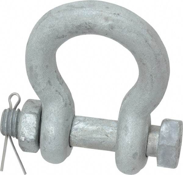 Made in USA - 7/16" Nominal Chain Size, 1.5 Ton Carbon Steel Bolt Anchor Shackle - 7/16" Diam, 1/2" Pin Diam, 1-11/16" High Inside Jaw, 1-1/4" Inside Width, 1-1/4" Max Body Thickness - Apex Tool & Supply