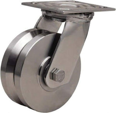 Hamilton - 5" Diam x 2" Wide, Stainless Steel Swivel Caster - 800 Lb Capacity, Top Plate Mount, 3-3/4" x 4-1/2" Plate, Delrin Bearing - Apex Tool & Supply