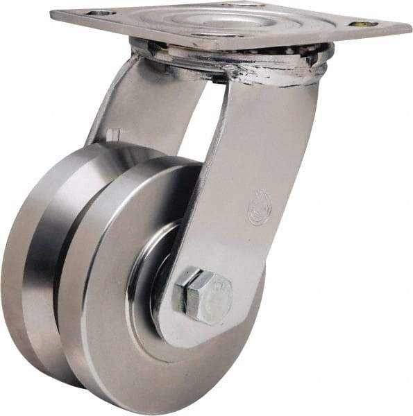 Hamilton - 4" Diam x 2" Wide, Stainless Steel Swivel Caster - 850 Lb Capacity, Top Plate Mount, 3-3/4" x 4-1/2" Plate, Delrin Bearing - Apex Tool & Supply