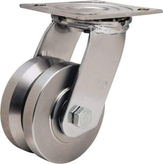 Hamilton - 4" Diam x 2" Wide, Stainless Steel Swivel Caster - 850 Lb Capacity, Top Plate Mount, 3-3/4" x 4-1/2" Plate, Delrin Bearing - Apex Tool & Supply