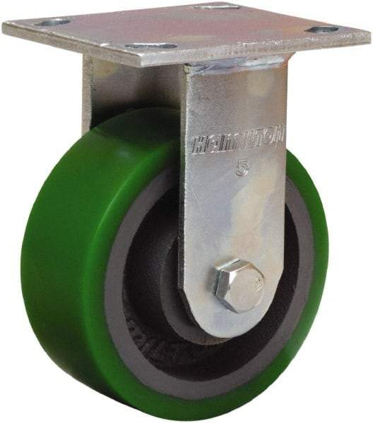 Hamilton - 5" Diam x 2" Wide x 7" OAH Top Plate Mount Rigid Caster - Polyurethane Mold onto Cast Iron Center, 1,050 Lb Capacity, Sealed Precision Ball Bearing, 4 x 4-1/2" Plate - Apex Tool & Supply
