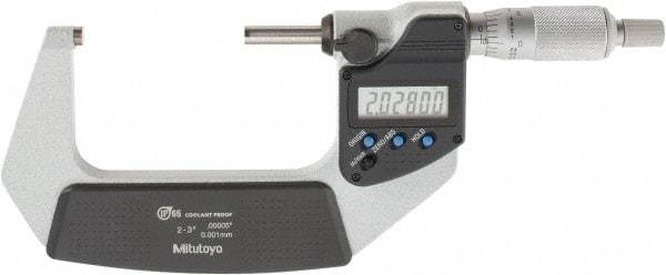 Mitutoyo - 2 to 3 Inch Range, 0.0001 Inch Resolution, Standard Throat, IP65 Electronic Outside Micrometer - 0.0001 Inch Accuracy, Ratchet Stop Thimble, Carbide Face, SR44 Battery, Includes Plastic Case - Apex Tool & Supply