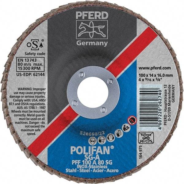 PFERD - 80 Grit, 4" Disc Diam, 5/8" Center Hole, Type 27 Aluminum Oxide Flap Disc - 15,300 Max RPM, Fiberglass Backing, Arbor Attaching System, Coated - Apex Tool & Supply