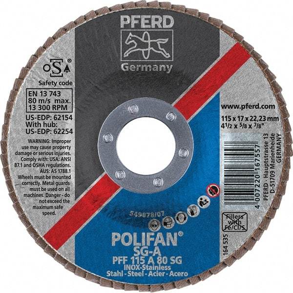 PFERD - 80 Grit, 4-1/2" Disc Diam, 7/8" Center Hole, Type 27 Aluminum Oxide Flap Disc - 13,300 Max RPM, Fiberglass Backing, Arbor Attaching System, Coated - Apex Tool & Supply