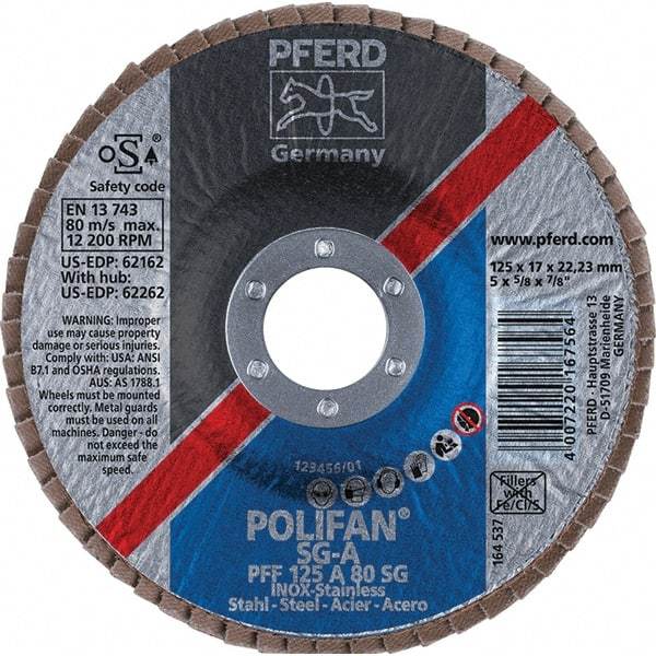 PFERD - 80 Grit, 5" Disc Diam, 7/8" Center Hole, Type 27 Aluminum Oxide Flap Disc - 12,200 Max RPM, Fiberglass Backing, Arbor Attaching System, Coated - Apex Tool & Supply