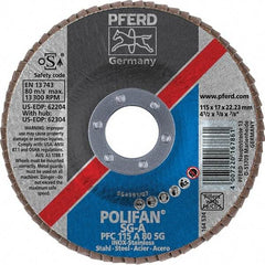 PFERD - 80 Grit, 4-1/2" Disc Diam, 7/8" Center Hole, Type 29 Aluminum Oxide Flap Disc - 13,300 Max RPM, Fiberglass Backing, Arbor Attaching System, Coated - Apex Tool & Supply