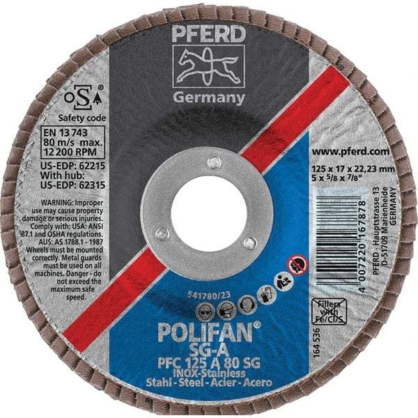 PFERD - 80 Grit, 5" Disc Diam, 7/8" Center Hole, Type 29 Aluminum Oxide Flap Disc - 12,200 Max RPM, Fiberglass Backing, Arbor Attaching System, Coated - Apex Tool & Supply