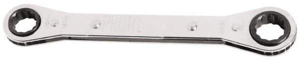 Proto - 9mm x 10mm 6 Point Reversible Ratcheting Offset Box Wrench - Double End, 25/32" Head Diam x 3/8" Head Thickness, 5-3/16" OAL, Steel, Chrome Finish, 25° Offset - Apex Tool & Supply