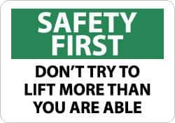 NMC - "Safety First - Don't Try to Lift More Than You Are Able", 10" Long x 14" Wide, Pressure-Sensitive Vinyl Safety Sign - Rectangle, 0.004" Thick, Use for Accident Prevention - Apex Tool & Supply