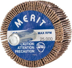 Merit Abrasives - 1-1/2" Diam x 3/4" Face Width, Medium Ceramic Alumina Coated Mounted Flap Wheel - 1/4" Shank Mount, 80 Grit, 30,000 Max RPM - Apex Tool & Supply