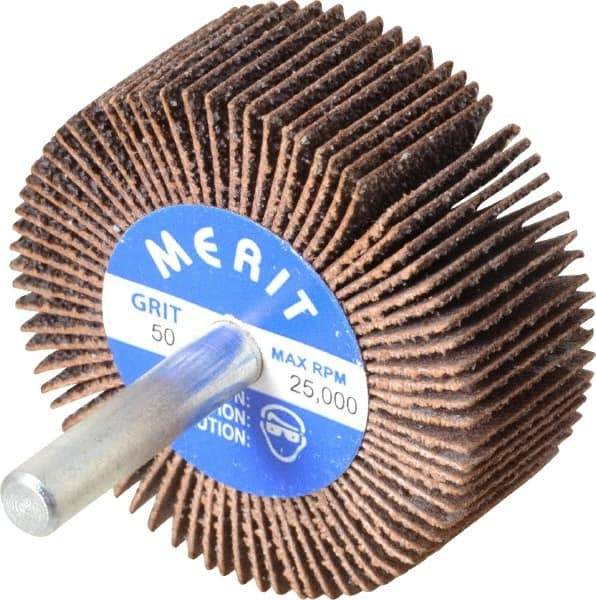 Merit Abrasives - 2" Diam x 3/4" Face Width, Coarse Ceramic Alumina Coated Mounted Flap Wheel - 1/4" Shank Mount, 50 Grit, 30,000 Max RPM - Apex Tool & Supply