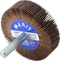 Merit Abrasives - 2" Diam x 1/2" Face Width, Fine Ceramic Alumina Coated Mounted Flap Wheel - 1/4" Shank Mount, 120 Grit, 30,000 Max RPM - Apex Tool & Supply