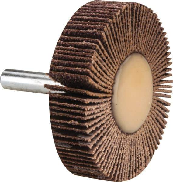 Merit Abrasives - 2" Diam x 1/2" Face Width, Medium Ceramic Alumina Coated Mounted Flap Wheel - 1/4" Shank Mount, 60 Grit, 30,000 Max RPM - Apex Tool & Supply