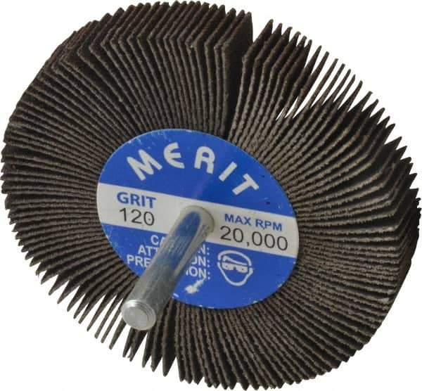 Merit Abrasives - 3" Diam x 1/2" Face Width, Fine Ceramic Alumina Coated Mounted Flap Wheel - 1/4" Shank Mount, 120 Grit, 30,000 Max RPM - Apex Tool & Supply