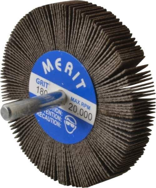 Merit Abrasives - 3" Diam x 1/2" Face Width, Very Fine Ceramic Alumina Coated Mounted Flap Wheel - 1/4" Shank Mount, 180 Grit, 30,000 Max RPM - Apex Tool & Supply