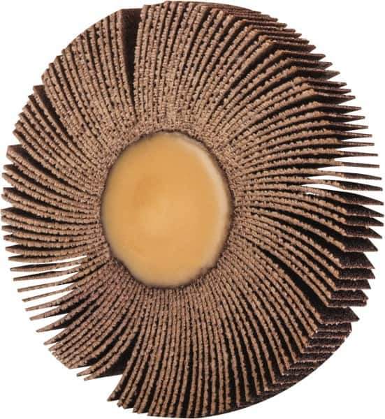 Merit Abrasives - 3" Diam x 1/2" Face Width, Medium Ceramic Alumina Coated Mounted Flap Wheel - 1/4" Shank Mount, 80 Grit, 30,000 Max RPM - Apex Tool & Supply