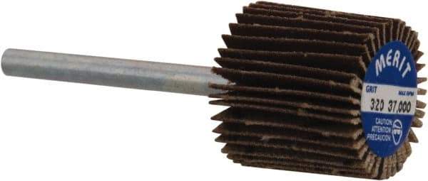 Merit Abrasives - 5/8" Diam x 5/8" Face Width, Extra Fine Aluminum Oxide Coated Mounted Flap Wheel - 1/8" Shank Mount, 320 Grit, Cloth Backing, 37,000 Max RPM - Apex Tool & Supply