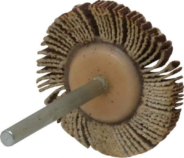 Merit Abrasives - 1-3/16" Diam x 1/8" Face Width, Fine Aluminum Oxide Coated Mounted Flap Wheel - 1/8" Shank Mount, 120 Grit, Cloth Backing, 30,000 Max RPM - Apex Tool & Supply