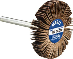 Merit Abrasives - 1-3/16" Diam x 3/16" Face Width, Very Fine Aluminum Oxide Coated Mounted Flap Wheel - 1/8" Shank Mount, 180 Grit, Cloth Backing, 30,000 Max RPM - Apex Tool & Supply