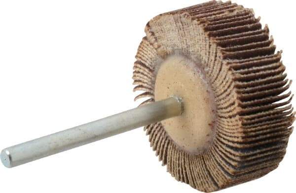 Merit Abrasives - 1-3/16" Diam x 3/8" Face Width, Very Fine Aluminum Oxide Coated Mounted Flap Wheel - 1/8" Shank Mount, 180 Grit, Cloth Backing, 30,000 Max RPM - Apex Tool & Supply