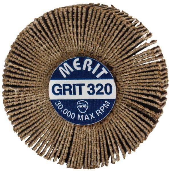 Merit Abrasives - 1-3/16" Diam x 3/8" Face Width, Extra Fine Aluminum Oxide Coated Mounted Flap Wheel - 1/8" Shank Mount, 320 Grit, Cloth Backing, 30,000 Max RPM - Apex Tool & Supply