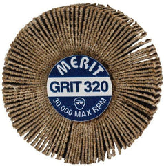 Merit Abrasives - 1-3/16" Diam x 3/8" Face Width, Extra Fine Aluminum Oxide Coated Mounted Flap Wheel - 1/8" Shank Mount, 320 Grit, Cloth Backing, 30,000 Max RPM - Apex Tool & Supply